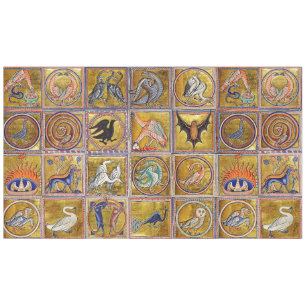 NAPPE BESTIAIRE MÉDIÉVAL, ANIMAUX FANTASTIQUES, ROUGE D'