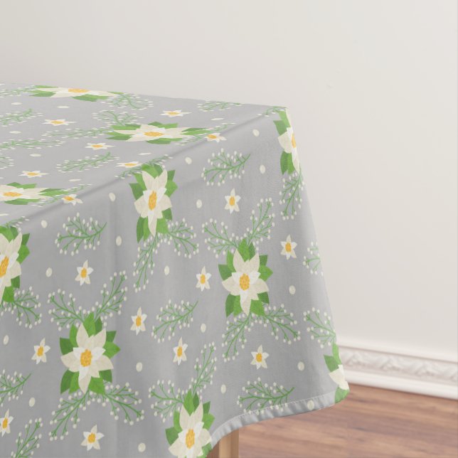 Nappe Blanc Poinsettias Vert Feuilles Noël sur Gris (In Situ)