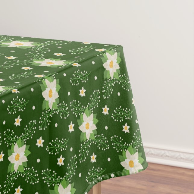 Nappe Blanc Poinsettias Vert Feuilles Noël sur Vert (In Situ)