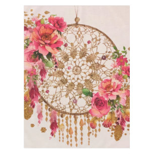 Nappe Boho Dreamcatcher Pink Gold Floral Aquarelle
