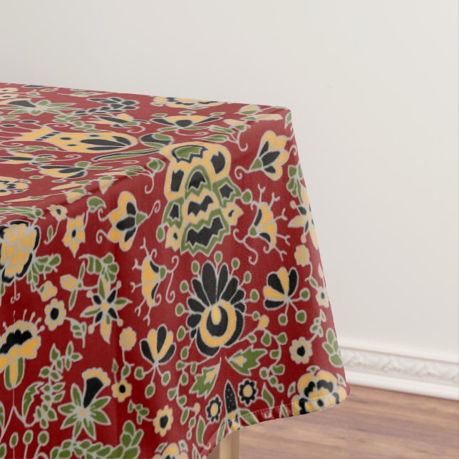 Nappe Broderie folle Jaune, Vert, Noir sur Rouge profond (In Situ)