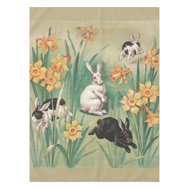 Nappe Bunnies mignons aux fleurs de jonquille Antique Pâ (Devant)