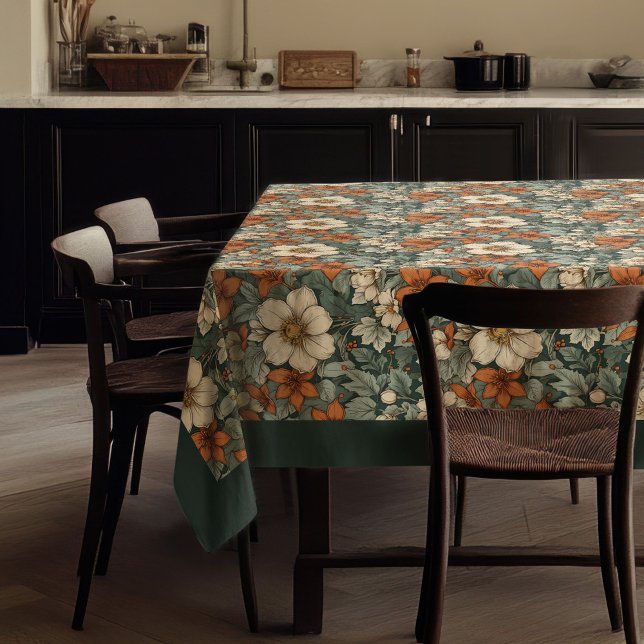 Nappe Charme automne terre cuite fleurs blanches sauge (Charming autumn terracotta white flowers sage tablecloth)