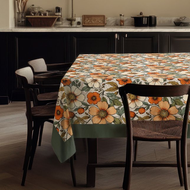 Nappe Charme automne terre cuite fleurs blanches sauge (Charming autumn terracotta white flowers sage tablecloth)