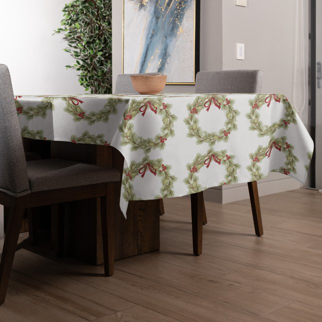 Nappe Courbe de Noël Rouge Holly Berries Vert simple (Christmas greenery wreath pattern holiday tablecloth.)
