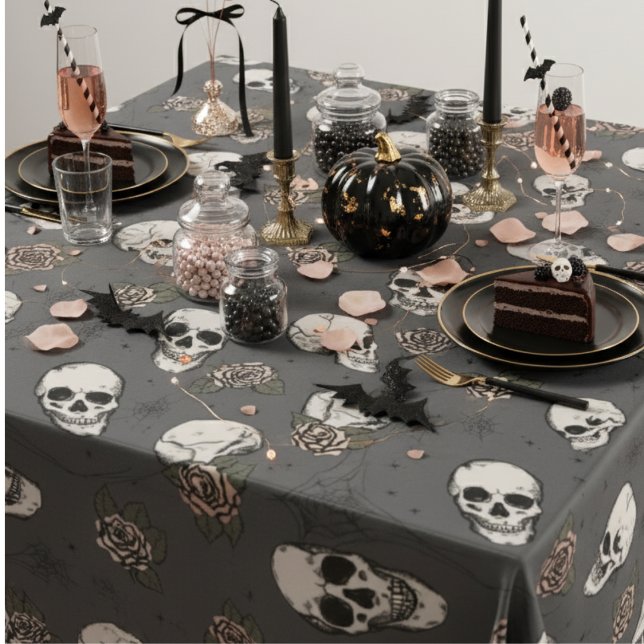 Nappe Crânes gothiques gris foncé et Halloween Rose (Gray Goth Floral Skulls Halloween, Dia de los Muertos Tablecloth. Gothic Skull, Rose Flower Pattern)