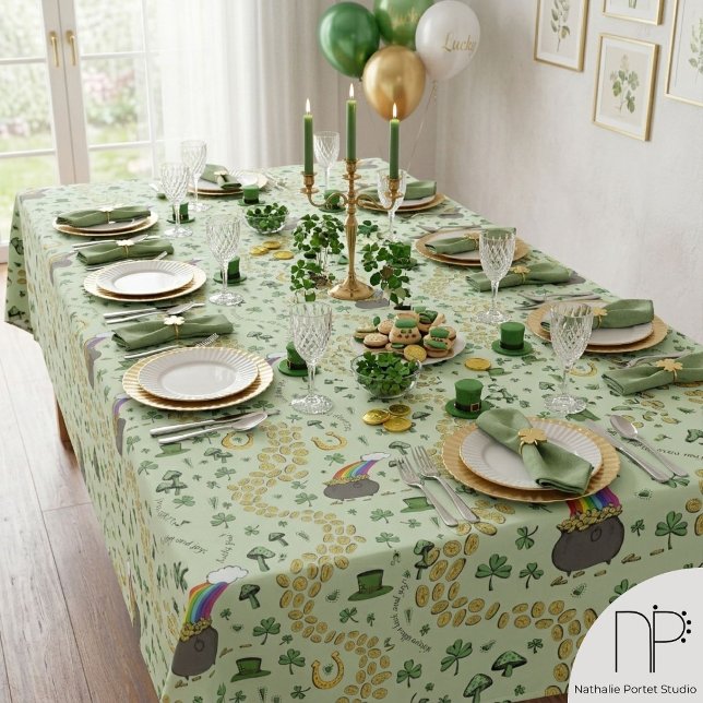 Nappe de la Saint-Patrick Chance & Joie (Hand drawn St Patricks Day tablecloth with luck and joy messages and whimsical Irish party art)