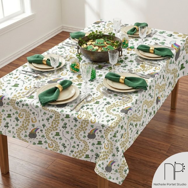 Nappe de la Saint-Patrick Chance & Joie (Hand drawn St Patricks Day tablecloth with luck and joy messages and whimsical Irish party art)