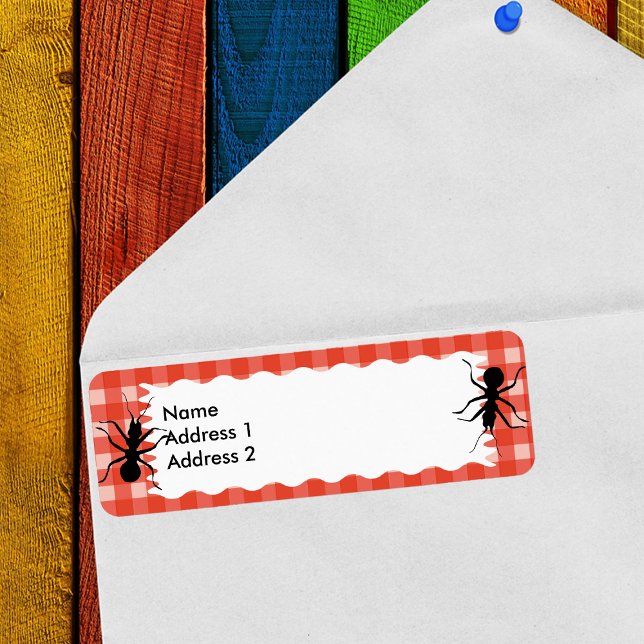 Nappe déplaisante crue (Return address label with black ants on picnic tablecloth red and white plaid pattern.)
