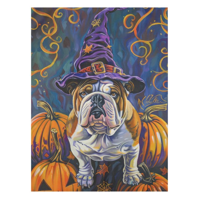 Nappe Éffrayant Bulldog Halloween sorcière et Citrouille (Devant)