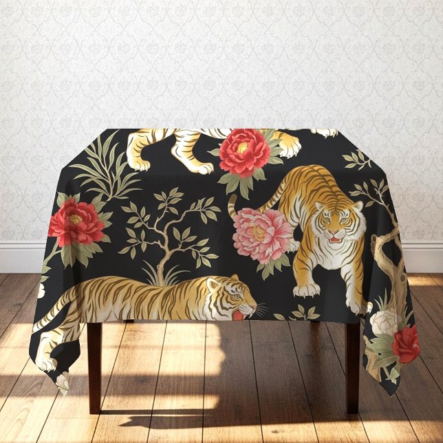 Nappe Elegant Black Chinoiserie Tiger and Peony Pattern (Créateur téléchargé)