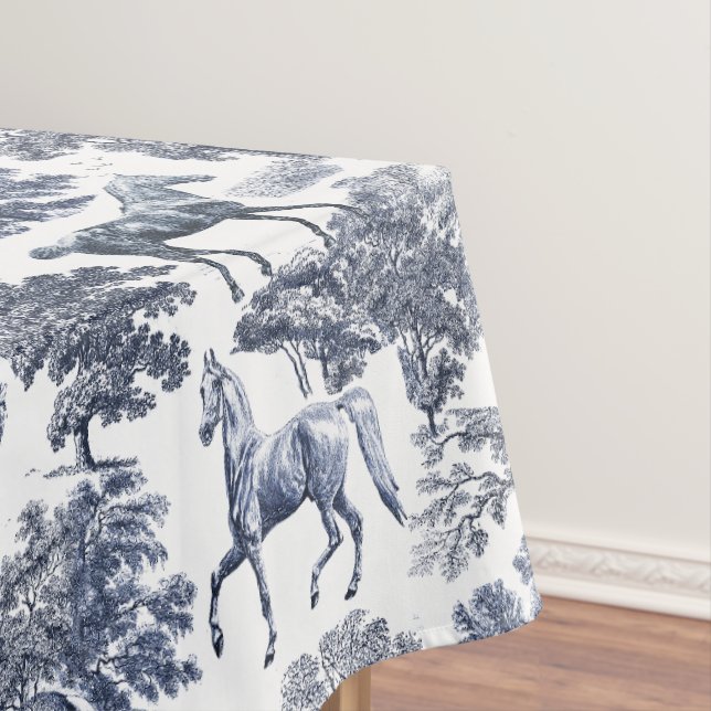 Nappe Elégant Bleu Blanc Rustique Horses Toile (In Situ)