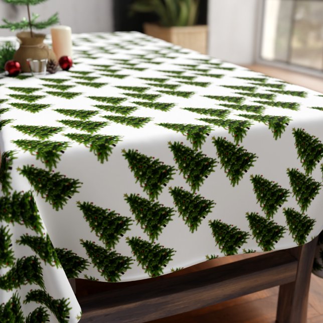 Nappe Élégant vert arbre de Noël Motif Festif blanc (A festive forest of Christmas Trees on this tablecloth. Perfect for the holiday season)