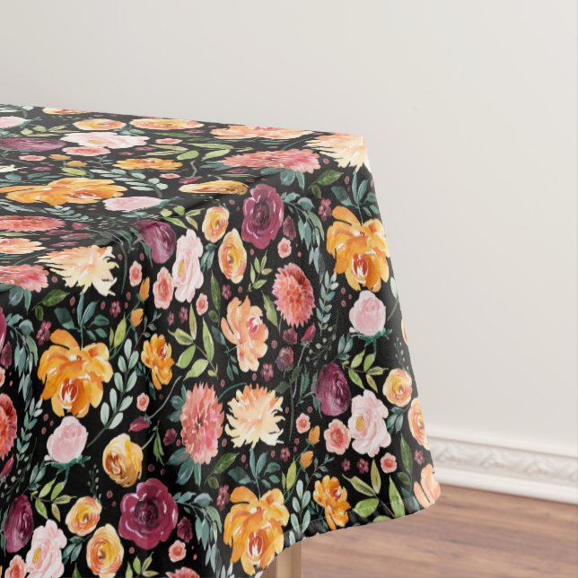 Nappe Elégante aquarelle automne motif floral sur noir (In Situ)