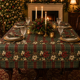 Nappe Élégantes Poinsettias à Carreaux de Noël