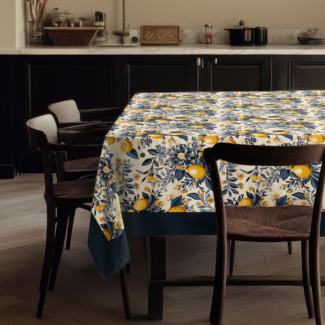Nappe Été Méditerrannée jaune citrons bleu marine (Summer Mediterranean yellow lemons navy blue Tablecloth)