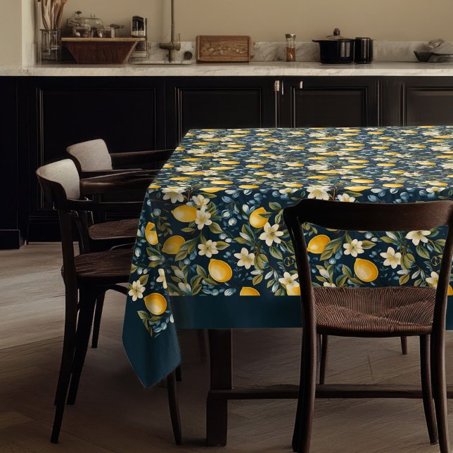 Nappe Été Méditerrannée jaune citrons bleu marine (Summer Mediterranean yellow lemons navy blue Tablecloth)
