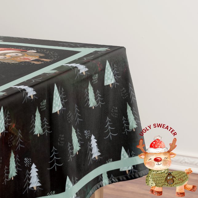 Nappe Fête de Noël moche Sweater Animaux Noir Turquoise (Ugly Sweater Christmas Party Animals Black Teal Tablecloth)