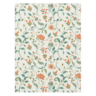 Nappe Feuilles bleu vintage et motifs floraux orange
