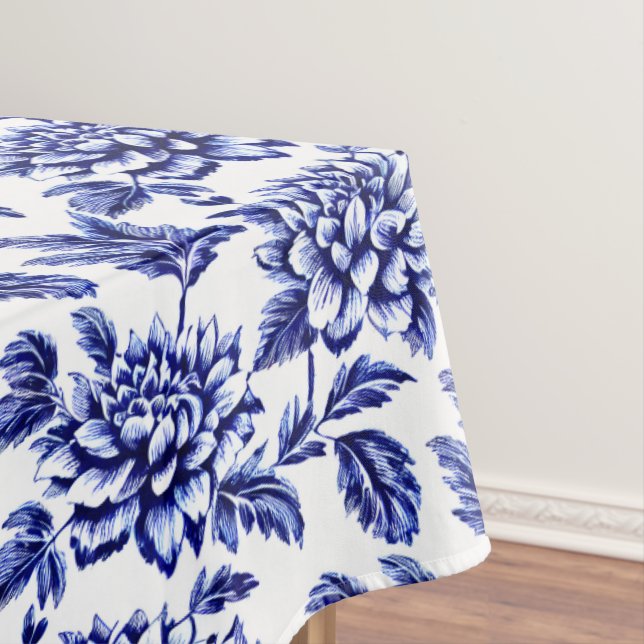 Nappe Fleurs Dahlia Bleues et Blanches Toile de Jouy (In Situ)