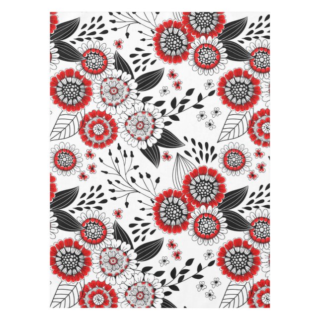 Nappe Fleurs de gribouillis et feuilles en rouge et noir (Devant)
