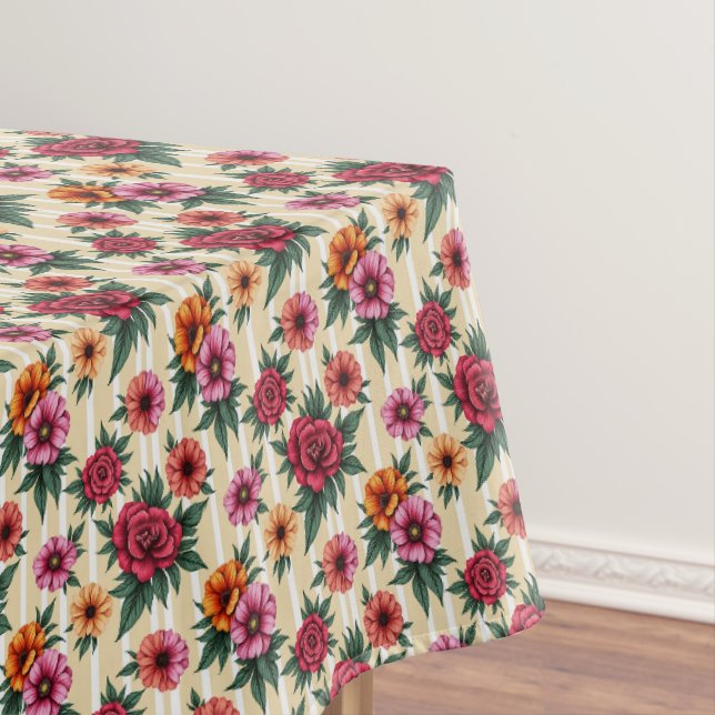 Nappe Fleurs roses rouges et or sur bandes tan (In Situ)