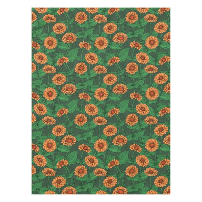 Nappe Fleurs Zinnia orange, feuilles verts sur vert fonc (Devant)