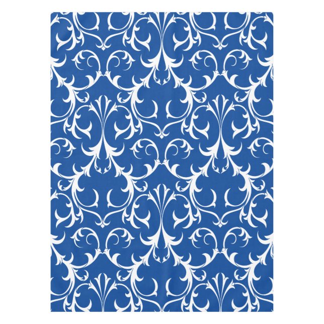 Nappe Flore bleu profond et blanc damassé classique (Devant)