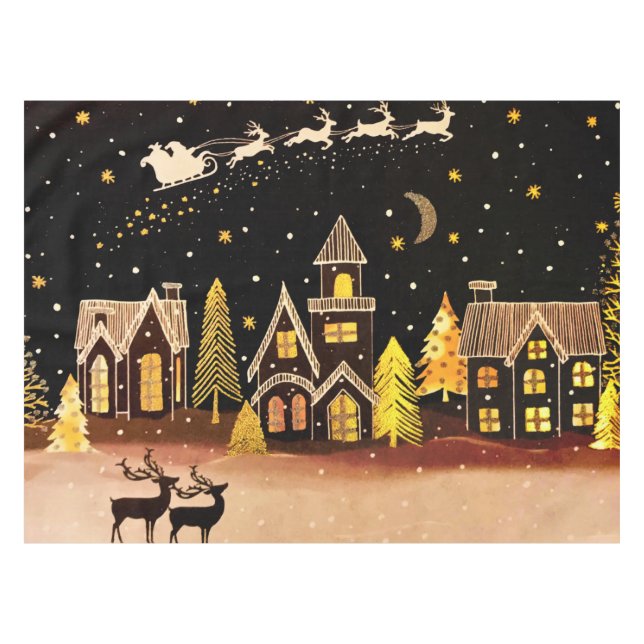 Nappe Gold Christmas Village Deer Winter Night (Devant (Horizontal))