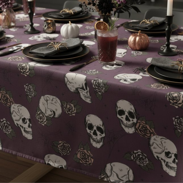 Nappe Halloween gothique marron et Rose (Purple Goth Floral Skulls Halloween, Dia de los Muertos Tablecloth Gothic Skull, Rose Flower Pattern)