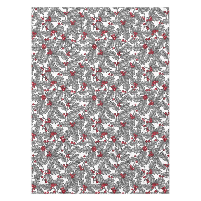 Nappe Holly berry, feuilles gris sur blanc (Devant)