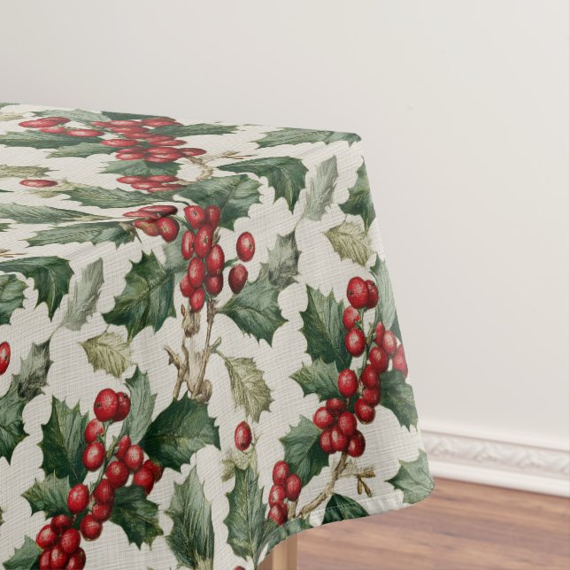 Nappe Holly Et Mistletoe Sur Faux Lin Hors Blanc (In Situ)