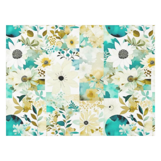 Nappe Joli Art folklorique Fleurs blanches et turquoise (Devant (Horizontal))