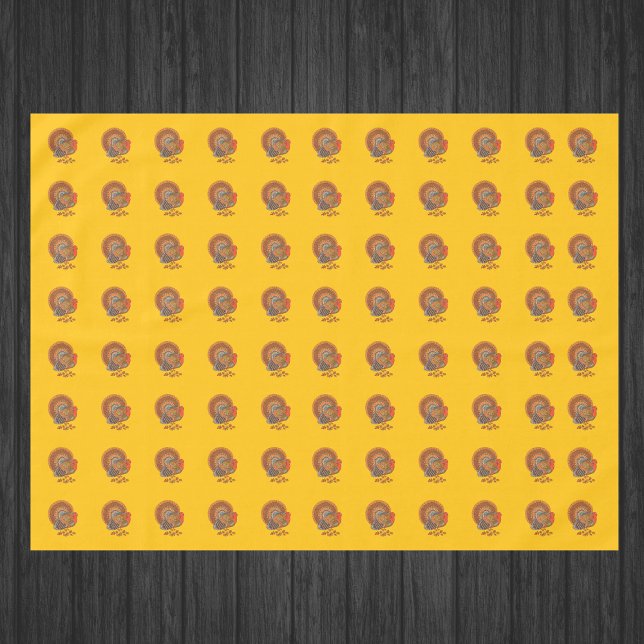 Nappe Male Thanksgiving Turkeys Fanned Tail Gold (Male turkeys fanned tails with orange brown feathers in leaves on golden Thanksgiving table cloths.)