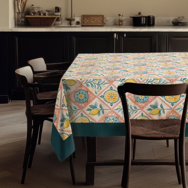 Nappe Mélons jaune méditerranéen bleu marine carreaux (Mediterranean yellow lemons navy blue tiles tablecloth)