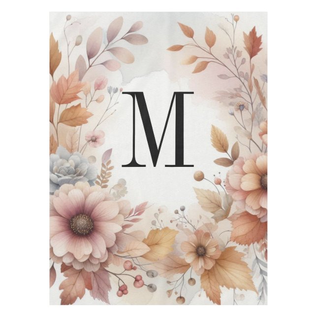 Nappe Monogramme Feuilles de automne et fleurs aquarelle (Devant)