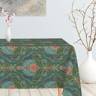 Nappe Motif floral bleu vintage, rose chaud et or