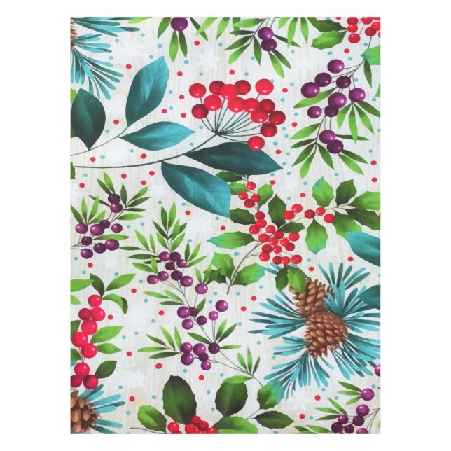 Nappe Noël hiver Bois Nature Holly Berry Pinecones (Devant)