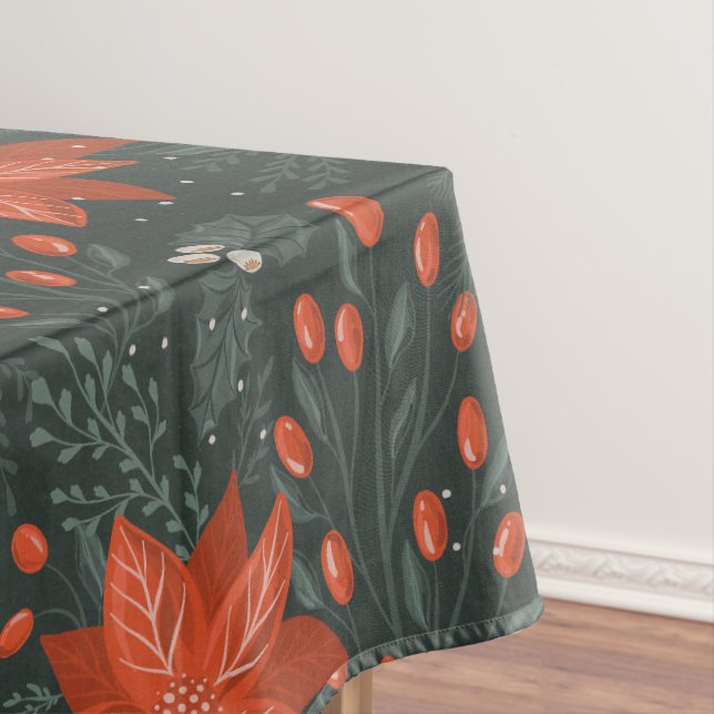 Nappe Noël Vintage Red Green Berries Poinsettia (In Situ)