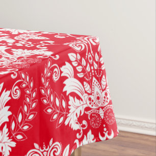 Nappe Ornate Blanc Floral Damques Arrière - plan rouge