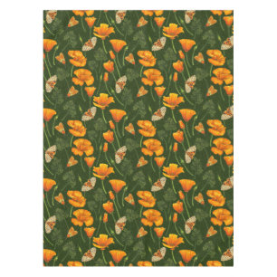 Nappe Pavot de Californie et papillons de nuit sur vert 