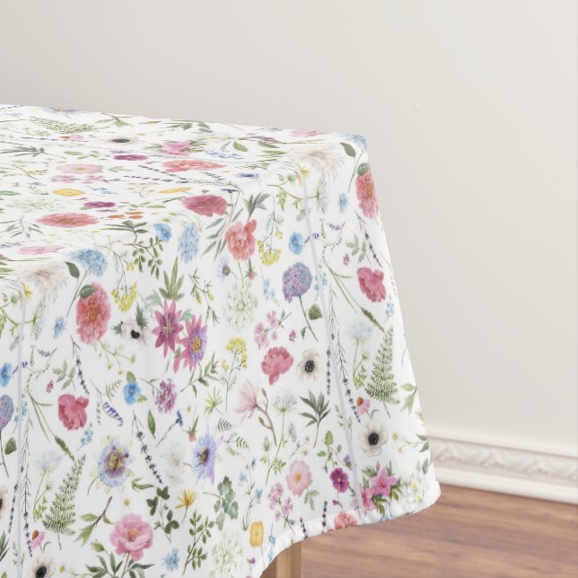 Nappe Pink, Blue Watercolor Wildflower Tablecloth (In Situ)