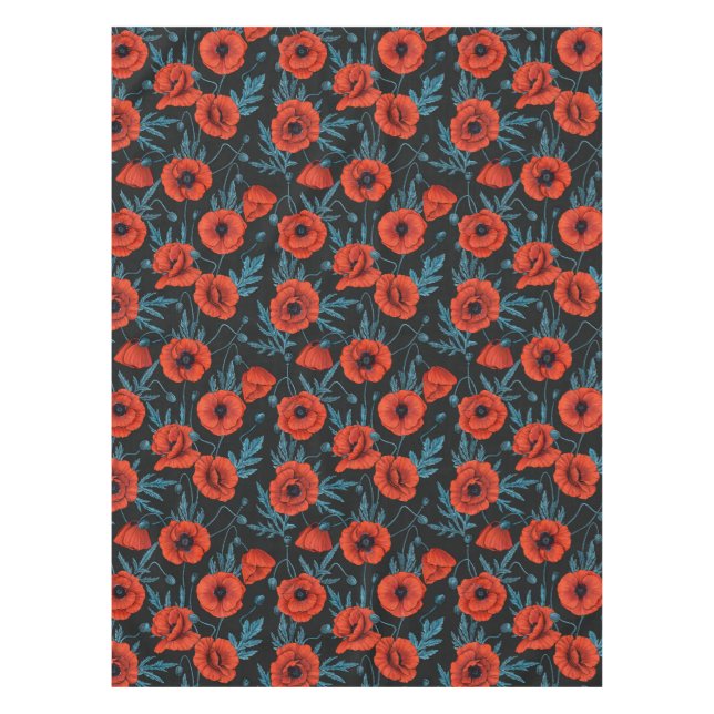 Nappe Poppies, rouge et bleu sur noir (Devant)
