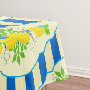 Nappe Rayures bleues et motifs de citrons et de feuilles