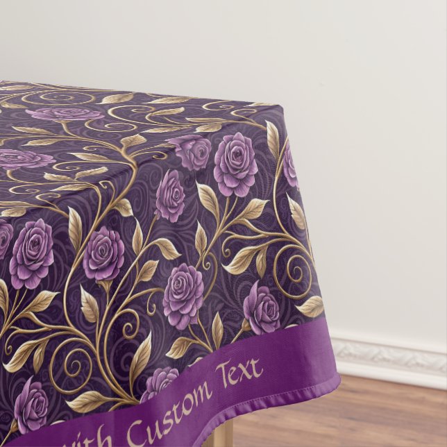 Nappe Roses Violettes Broderie Or Élégant Design Sur Mes (In Situ)
