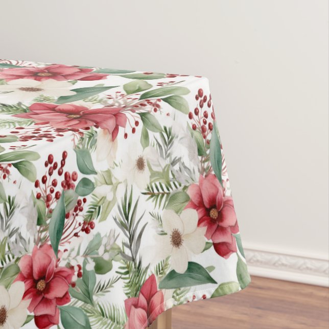 Nappe Rouge Blanc Poinsettia Rouge Berry Motif Noël (In Situ)