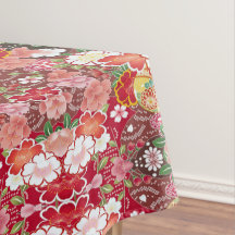 Rouge Blanc Rose Japonais Floral Coton Dîner