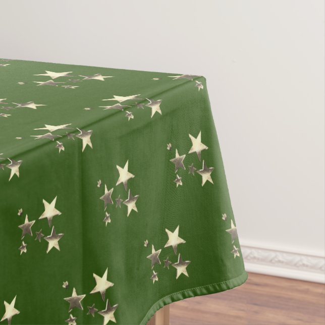 Nappe Rustic Green Gold Stars Motif Festive Élégant (In Situ)
