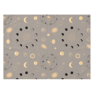 Nappe Soleil étoiles lune phases planètes or noir sur br
