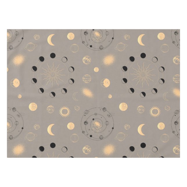 Nappe Soleil étoiles lune phases planètes or noir sur br (Devant (Horizontal))